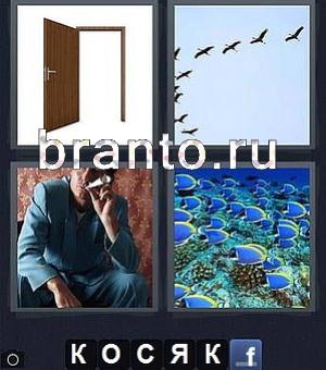 4 фотки 1 слово: открытая дверь, птицы улетают на юг (стая), человек курит сигару, сине-жёлтые рыбы в океане