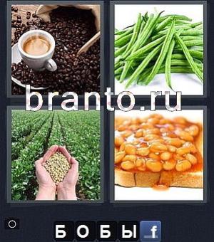 4 фотки 1 слово ответы игра, 54 уровень: чашка кофе и зерна, стручковая фасоль, орехи, хлеб