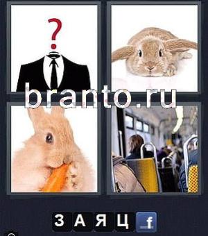 4 фотки 1 слово: мужской костюм со знаком вопроса, заяц, кролик грызёт морковку, сиденья в автобусе (троллейбусе, трамвае)